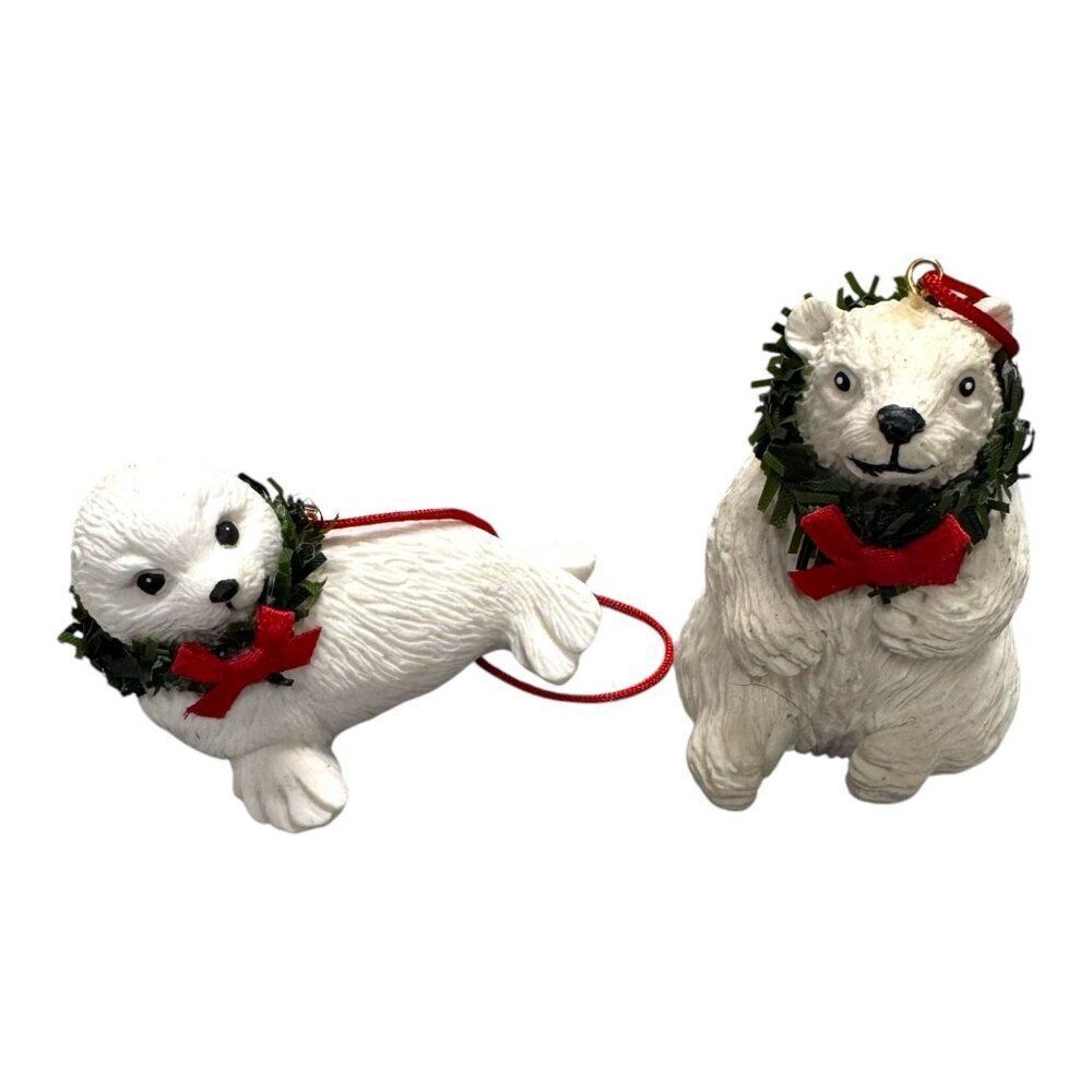 Hallmark Polar Bear & Merry Sea Lion Seal Holiday Ornament Set Lot of 2 White